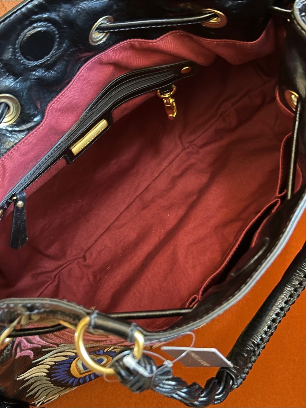 Isabella Fiore Black Leather Multicolor Embroidered Satchel - Picture 6 of 12